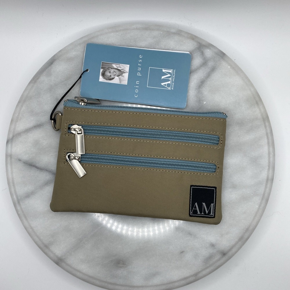 Anne McAlpin Purse Canvas Three Zippers Coin Card Holder Wallet Beige Teal 5"x6"